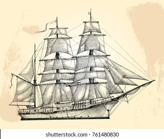 Barque hand drawing engraving style,Vintage barque isolate on old paper background