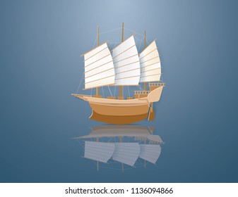 Barque on the blue background,paper craft style  vector and illustration