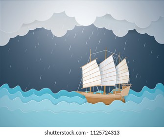 Barque on the blue sea in the rainy season,vector and illustration paper craft style