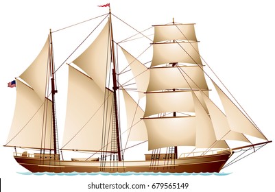 Barquentine, three-masted American merchant cargo vessel, sailing ship realistic vector illustration series 