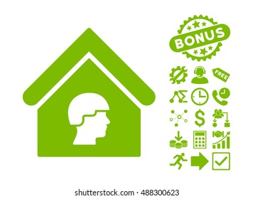 Barrack Building icon with bonus design elements. Vector illustration style is flat iconic symbols, eco green color, white background.