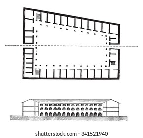 Barracks of the Spanish type seventeenth century, vintage engraved illustration. Industrial encyclopedia E.-O. Lami - 1875.
