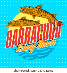 Barracuda Beach. A pair of fish jumping with a sunset on the background. Dot pattern.