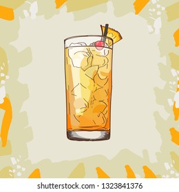 Barracuda Contemporary classic hard cocktail with gold rum Galliano, pineapple juice, lemon and dry wine illustration collection. Alcoholic bar drink hand drawn vector illustration set.