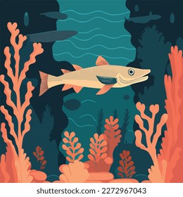 Barracuda in coral reef. Underwater fish and sea creatures in natural habitat. Flat vector illustration concept