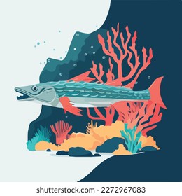 Barracuda in coral reef. Underwater fish and sea creatures in natural habitat. Flat vector illustration concept