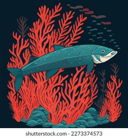 Barracuda in coral reef. Underwater fish and sea creatures in natural habitat. Flat vector illustration concept