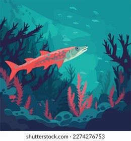 Barracuda in coral reef. Underwater fish and sea creatures in natural habitat. Flat vector illustration concept