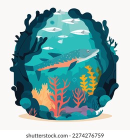 Barracuda in coral reef. Underwater fish and sea creatures in natural habitat. Flat vector illustration concept