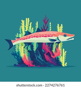 Barracuda in coral reef. Underwater fish and sea creatures in natural habitat. Flat vector illustration concept