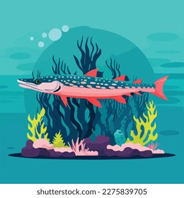 Barracuda in coral reef. Underwater fish and sea creatures in natural habitat. Flat vector illustration concept