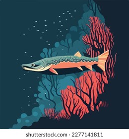 Barracuda in coral reef. Underwater fish and sea creatures in natural habitat. Flat vector illustration concept