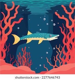 Barracuda in coral reef. Underwater fish and sea creatures in natural habitat. Flat vector illustration concept