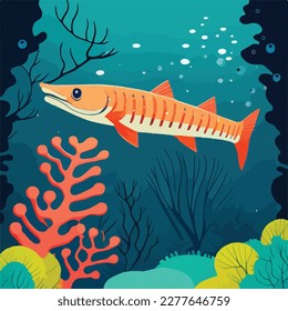 Barracuda in coral reef. Underwater fish and sea creatures in natural habitat. Flat vector illustration concept