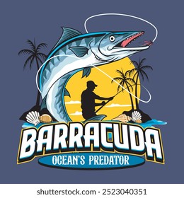 Barracuda Fish Catch by Fisherman Sport Fishing Logotype in Vector Cartoon Modern Illustration for sticker badge emblem t-shirt banner invitation