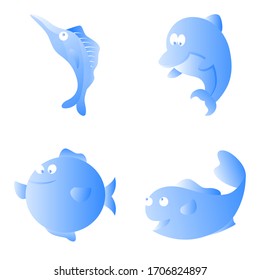 Barracuda Fish  Dolphins  and Puffer Fish. Cute Animal Icon Flat Design