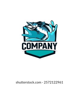 A barracuda fish leaping out of the water, creating a splash, set against a shield-shaped backdrop with the word "company" underneath.