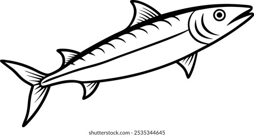 barracuda fisch vektor kunst, und linie kunst grafik design. Umrissene Barracuda Fish Catching the Fishing Lure Grafikdesign. handgezeichnetes Linienstück einzeln auf transparentem Hintergrund.