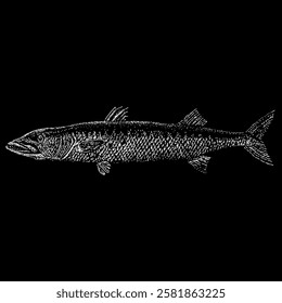 barracuda hand drawing vector isolated on black background.