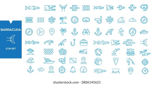 Barracuda Icon Set Collection: A comprehensive collection of barracuda-themed icons, featuring marine life, nautical symbols, and oceanographic elements.
