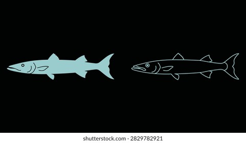 Barracuda predatory fish silhouette and outline icon illustration set