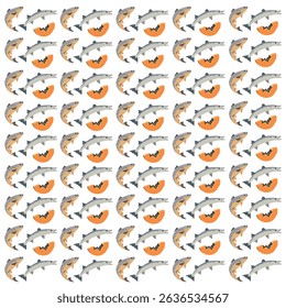 barracuda, salmon and papaya as a pattern background