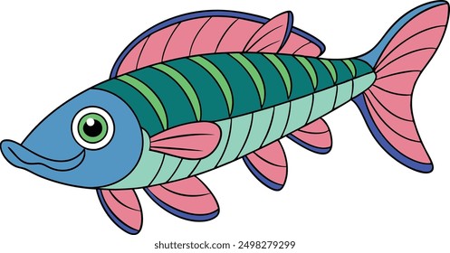 Barracuda Vector Illustration, Linocut, Kawaii Cartoon Clipart, Line Art Design. High-quality Barracuda vector design with linocut, kawaii, and cartoon styles.