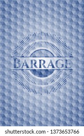 Barrage blue emblem with geometric pattern background.