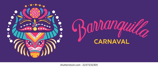 Barranquilla carnaval banner. Traditional Colombian holiday or festival. Masquerade and party. Greeting and invitation postcard design. Bright mask with feathers. Cartoon flat vector illustration