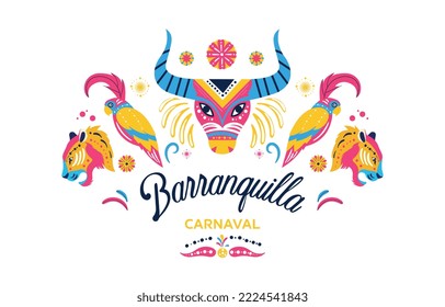 Concepto carnaval de Barranquilla. Fiestas y festivales, afiche o banner para sitio web. Diseño de postal de bienvenida o invitación. Tradiciones y metáfora cultural. Dibujo vectorial plano de dibujos animados