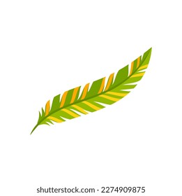 Barranquilla carnival feather in yellow and green, holiday object. Vector folkloric celebration attribute, colombian exotic feather