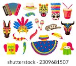Barranquilla carnival holiday, isolated vector set of items for celebration. Animal masks, dress, costume, feather, crown, maracas, accordion, drum and hat. Traditional folk festivities cartoon icons
