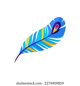 Barranquilla carnival holiday object, cartoon feather, folkloric celebration attribute. Vector colombian exotic feather, color decoration