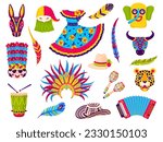 Barranquilla carnival holiday objects for folkloric celebration party. Vector traditional costumes, feathers, crown, dress, hats, animal masks, maracas, accordion and drums isolated icons set