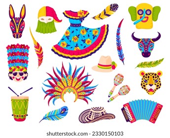 Barranquilla carnival holiday objects for folkloric celebration party. Vector traditional costumes, feathers, crown, dress, hats, animal masks, maracas, accordion and drums isolated icons set