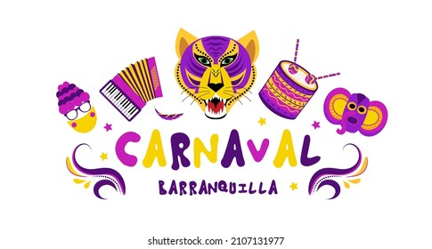 Cartel del carnaval de Barranquilla. Plantilla de máscaras de la fiesta de carnaval para tu diseño. Ilustración del vector