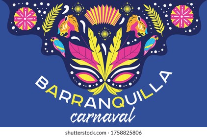 Barranquilla Carnival poster or card design with colorful traditional Colombian folklore symbols on blue with text below, colored vector illustration