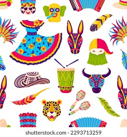 Carnaval de Barranquilla sin fisuras. Fondo vectorial de tejas con plumas tradicionales de vacaciones, corona, vestido brillante, sombrero, mascarilla animal, maracas, acordeón y tambor para la celebración de fiesta folclórica