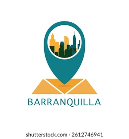 Barranquilla city map pin point geolocation modern skyline vector logo icon isolated illustration. Colombia pointer emblem with landmarks and building silhouettes
