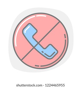 Barred, blocked, canceled call. Flat outline vector illustration of phone on white.
