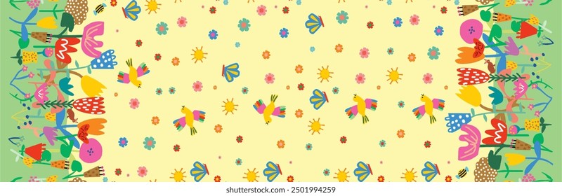 Barred summer children's colorful flowers sun rainbow delicate rapport yellow background
 infinite texti print