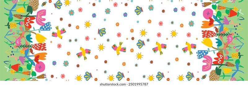 Barred summer children's colorful flowers birds delicate rapport white background
 textile infinite print