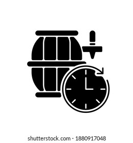 Barrel aged beer black glyph icon. Brewery product. Ale in distillery. Viticulture keg. Winemaking business. Oak cask for whiskey. Silhouette symbol on white space. Vector isolated illustration