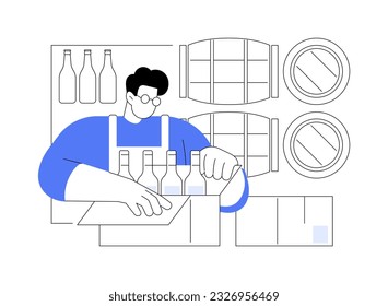 Barrel aging abstract concept vector illustration. Factory worker packaging alcohol drinks, brewing process, beer manufacturing and maturing, beverage production industry abstract metaphor.