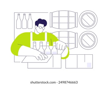 Barrel aging abstract concept vector illustration. Factory worker packaging alcohol drinks, brewing process, beer manufacturing and maturing, beverage production industry abstract metaphor.