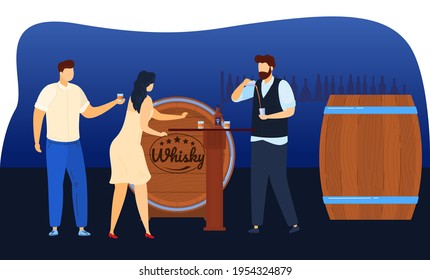 Barrel Bar Whiskey, Wooden Glassware Alcohol, Bottle Vintage, Man Woman Drinking, Design, Flat Style Vector Illustration.