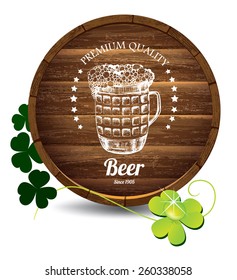 Barrel of beer, decorative hand drawn mug illustration on it  and clover leaves