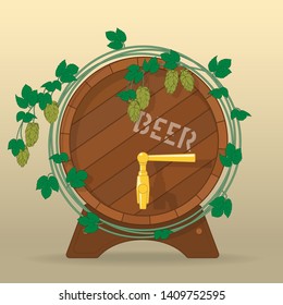 Barrel of beer entwined with hops. Color vector illustration.