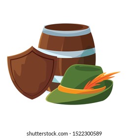 barrel of beer with german hunting hat in white background vector illustration design
