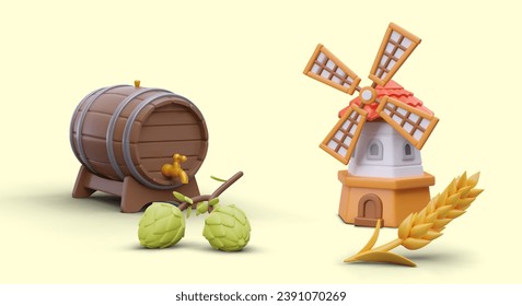 Barrel of beer, green cones of hops, wind mill, ear of wheat. Production from natural ingredients. Color realistic vector illustration with shadows. Brewery and mill concept